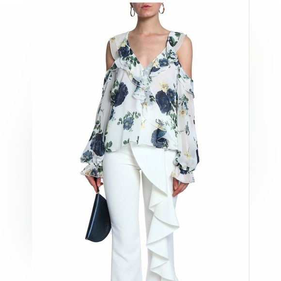 NICHOLAS Tops - NICHOLAS Blue Rose Cold Shoulder Floral Silk Blouse NWT Size 4